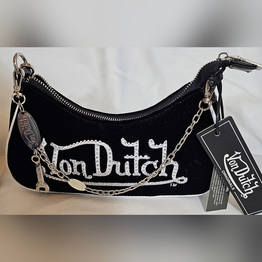 NWT Viral Von Dutch Black Velvet Rhinestone Shoulder Bag Detachable Chain Wrench